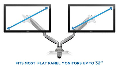 Mount-It! (MI-1772) Dual Monitor Arm Mount Desk Stand Two Articulating Gas Spring Height Adjustable Arms | Fits Up To 32" VESA 75 100 Compatible Screens | C-Clamp and Grommet Bases (Silver) - color: Silver