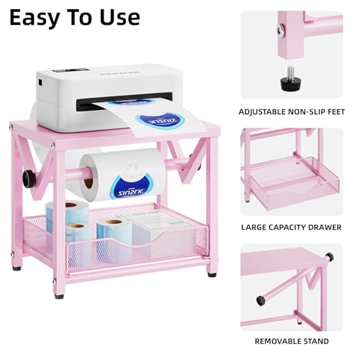 Marbrasse Label Holder for Rolls and Fanfold Labels, Metal Thermal Label Printer Holder with Drawer, Shipping Label Stand,Sticker Roll Holder for Home, Office, Small Business,Pink - color: Pink