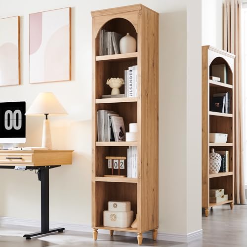 IFGET 76" Tall Arched Bookcase, Farmhouse Narrow Arch Bookshelf, Natural | 5 Tiers Bookcases w/Adjustable Shelves, Modern Wooden Book Shelf w/Storage and Open Display Shelves for Living Room, Office - color: Natural, size: Medium