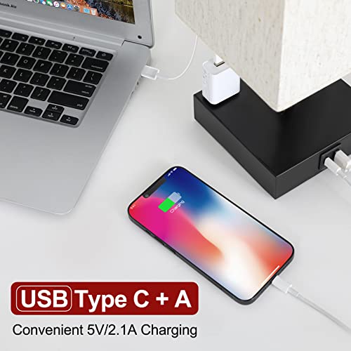 Bedside Table Lamp for Bedroom - Touch Small Lamp with USB C+A Charging Ports & AC Outlets, 3 Way Dimmable Nightstand Light for Living Room (LED Bulb Included, Flaxen) - color: Flaxen