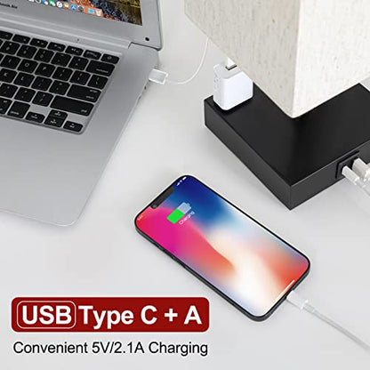 Bedside Table Lamp for Bedroom - Touch Small Lamp with USB C+A Charging Ports & AC Outlets, 3 Way Dimmable Nightstand Light for Living Room (LED Bulb Included, Flaxen) - color: Flaxen