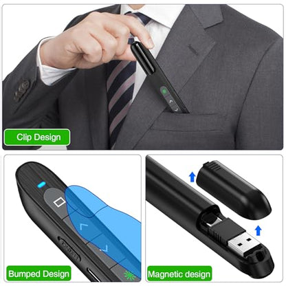 USB C Rechargeable Presentation Clicker with Green Light, Remote Clicker for Presentations Wireless Presenter Slide Changer PPT Advancer with Volume Control for Laptop Computer - color: Green L+Rechargeable