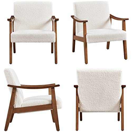 Yaheetech Accent Chairs Set of 2, Mid-Century Boucle Fabric Armchair, Ivory | Cushioned Club Chairs with Supportive Sloped Backrests and Sturdy Wood Arms Fit Small Living Rooms, Offices, Reading Nook - color: Ivory