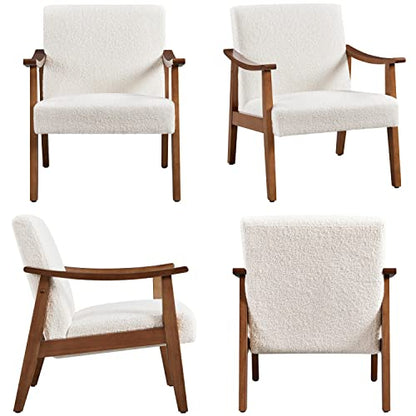 Yaheetech Accent Chairs Set of 2, Mid-Century Boucle Fabric Armchair, Ivory | Cushioned Club Chairs with Supportive Sloped Backrests and Sturdy Wood Arms Fit Small Living Rooms, Offices, Reading Nook - color: Ivory