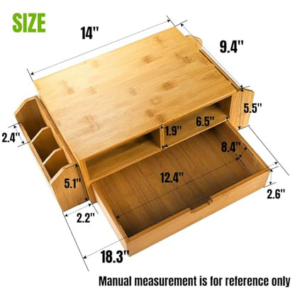 Hiceeden 2 Tier Bamboo Desktop Organizer, Desk Monitor Stand Riser with 1 Drawer and 2 Pen Holder, 2 Compartment Computer Desk Storage Organizer for Laptop, Printer