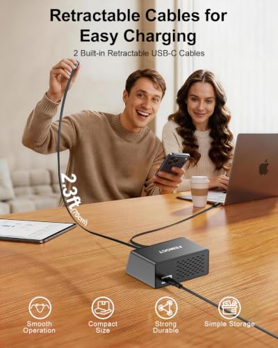 Retractable Charger, 6-in-1 210W GaN USB C Charging Station for Multiple Devices, Dual 2.3ft Built-in Retractable Cables, PD 45W Fast Usbc Desktop Charger for iPhone 17/16/15, Galaxy S26, and More