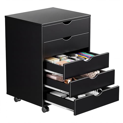 5 Drawer Mobile File Cabinet, Printer Stand with Wheels | Wood Under Desk Storage Cabinet, Rolling Printer Cart, Vertical Filing Chest for Small Space, Home Office, Living Room, Black - color: Modern Black, size: 5 Drawers
