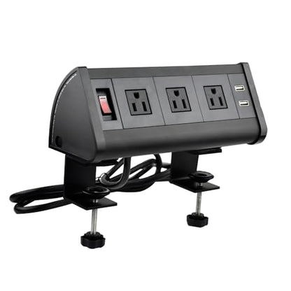 Table Edge Mount Power Strip Desk Clamp Power Sockets with 3 AC Power + 2 USB Charger +1 Switch for for Home Office Hotel (Black)