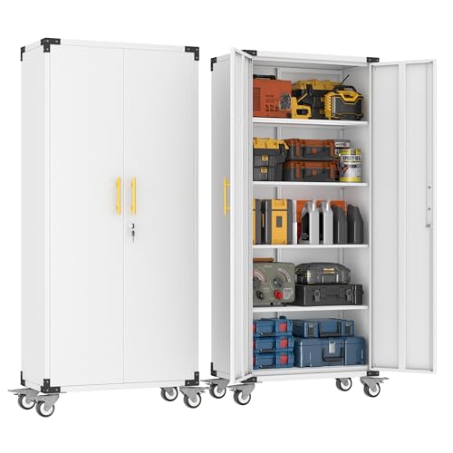 pozdeg 71" White Tall Lockable Rolling Metal Garage Storage Cabinet ﻿ | Tool Cabinet with 4 Adjustable Shelves, Heavy Duty Storage Organizer for Garage, Home & Office - color: White-a, size: 15.7"D x 31.5"W x 71"H