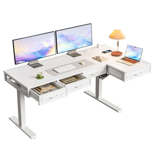 55 Inch L Shaped Standing Desk with 4 Wooden Drawers, White | Reversible Corner Table, Office Table With 4 Wooden Drawers and Outlets For Home Office, Computer Workstation, Sit Stand Use - color: White, size: 55 Inch