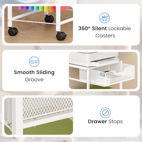 Cawukege 3 Tier Printer Stand, Small Mobile Table with Wheels, Printer Shelf Rolling Cart with Storage Desk Organizer Hanging File for Office Home, White - color: White