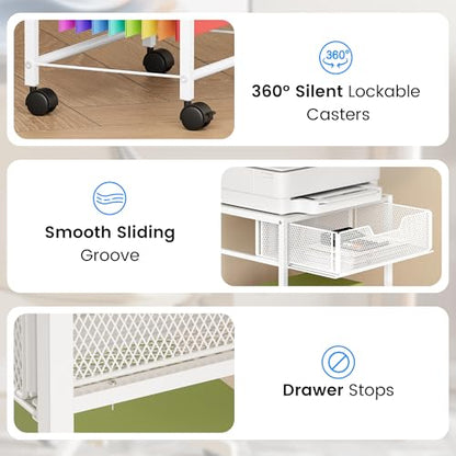 Cawukege 3 Tier Printer Stand, Small Mobile Table with Wheels, Printer Shelf Rolling Cart with Storage Desk Organizer Hanging File for Office Home, White - color: White