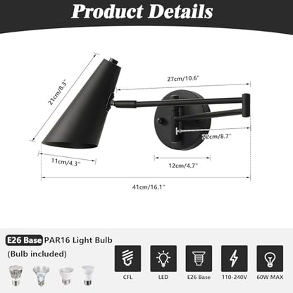 KCO Lighting Black Swing Arm Wall Sconce Farmhouse Adjustable Wall Lamp Industrial Wall Mounted Reading Light Modern Long Swing Arm Wall Lamp - color: Black-2