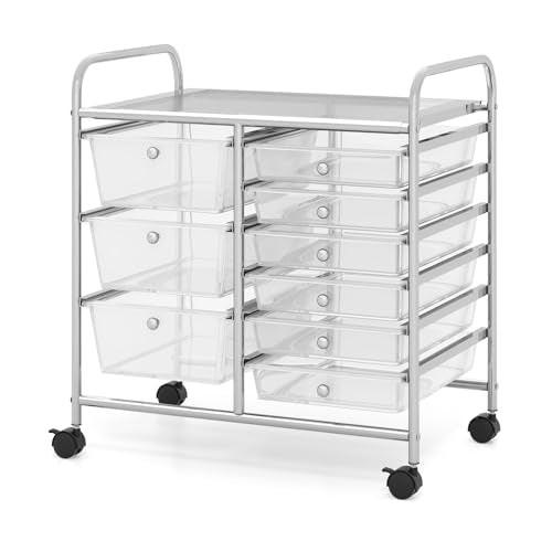 COSTWAY Rolling Storage Cart with 9 Drawer, Utility Cart with Metal Frame | Mobile Art Supply Craft Organizer, Multipurpose Storage Organizer for Paper, Office, School Teacher, Classroom, Transparent - color: Transparent, size: 9 Drawer