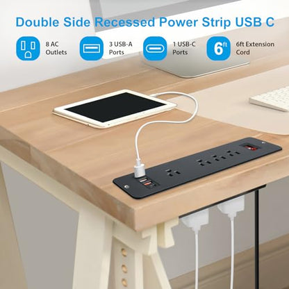 8 Outlets Dual Side USB C Recessed Power Strip Flush Mount Charging Station Built in Desk Multiple Power Socket for Furniture Cabinet Table Conference (Black) - color: Black