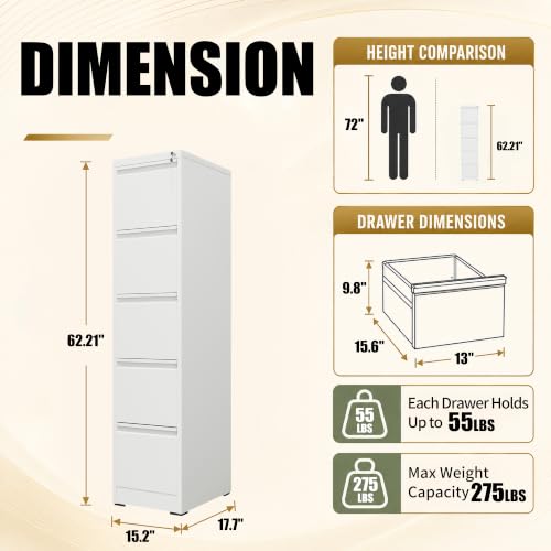 5 Drawer File Cabinet for Home Office, Vertical Filing Cabinet - color: White, size: 64.2"H - 5 Drawer