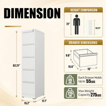 5 Drawer File Cabinet for Home Office, Vertical Filing Cabinet - color: White, size: 64.2"H - 5 Drawer