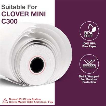 Thermal Paper Rolls for Clover Mini C200,C300,C301, C302,C305-50 Rolls - size: 50 Rolls, style: Clover Mini