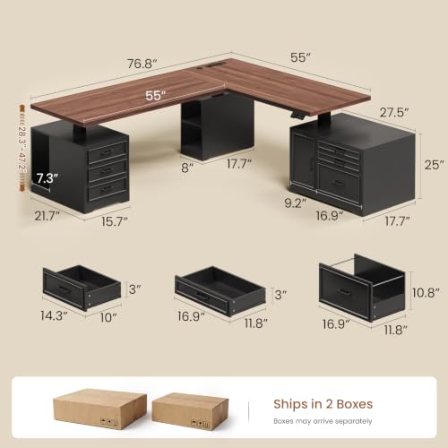 SEDETA Farmhouse L Shaped Electric Standing Desk with File Cabinet, 77 x 55'' Height Adjustable Home Office Computer Desk with 6 Drawers, Power Outlet, Sit Stand Desk, Black - color: Black Brown