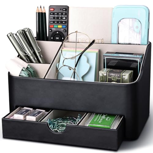 Desk Organizer with Drawer, Multifunction Pencil Holder for Desk, Desk Organizer and Accessories 5 Compartments for Home Office Supplies (Black) - color: Black