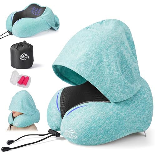 SkytraxComf® Travel Neck Pillow with Hood for Privacy on Long Flights | Memory Foam | Airplane Sleep | Safety-Tested Materials | Extra Large Hood | Chin Support | Earplugs | Washable Cover - color: Mint Blue