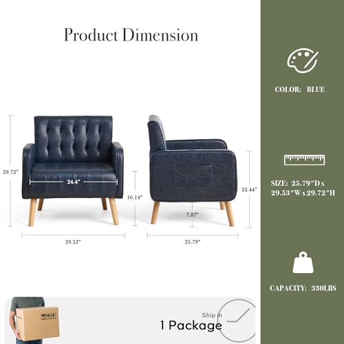 Leather Accent Chair Set of 2, Living Room Chair with Wooden Legs (Blue) | CHYMSUN, Mid-Century Modern, Tufted Backrest, Side Pocket, Cozy, Comfy Armchair, Office, Living Room, Waiting Room - color: Blue, size: 2