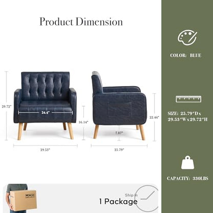 Leather Accent Chair Set of 2, Living Room Chair with Wooden Legs (Blue) | CHYMSUN, Mid-Century Modern, Tufted Backrest, Side Pocket, Cozy, Comfy Armchair, Office, Living Room, Waiting Room - color: Blue, size: 2