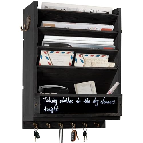 Rustic wall mail organizer,Key and Mail File Holder for Wall Mount | 6 Key Hooks 2 Double Key Hooks A blackboard,for Home,Office, Classroom,Entryway Decor (black) - color: black