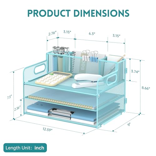 3-Tier Desk Organizer with Pen Holder and Handles, Paper Organizer, Blue - color: Blue