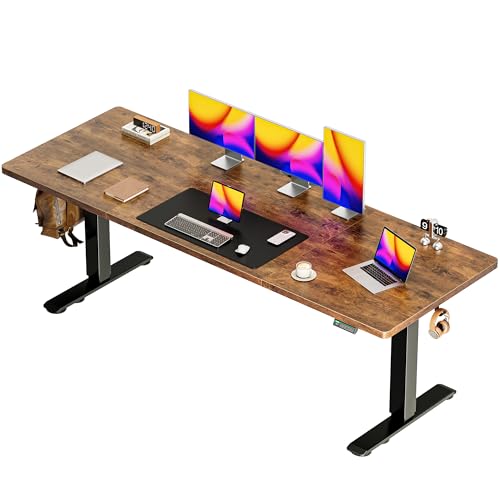 Huuger 78.7'' x 29.5'' Large Electric Standing Desk, Height Adjustable Computer Desk, 29.5" Deep Desktop, Stand up Gaming Office Desk with 2 Hooks, 3 Preset Heights, for Home Office, Rustic Brown - color: Rustic Brown, size: 78.7*29.5 inch (no outlets)