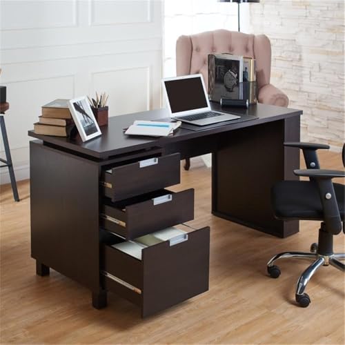 Scranton & Co Modern 3-Drawer Wood/Steel Office Desk, 59 in Wide, Espresso Finish, Built-in Filing Cabinet, Open Shelves, Chrome Accents, Particle Board Construction, Home Office Desk for Workspace