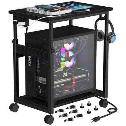 Snughome Extra-Large Computer Tower Stand with Charging Station, Adjustable PC Tower Stand for Floor 25.2"-36.2", Mobile Rolling CPU Holder Cart with Locking Wheels for Gaming Office Home - size: 23.62''L × 15.75''W × 36.22''H