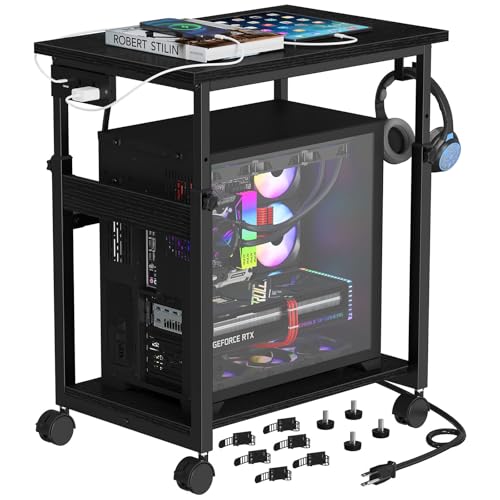 Snughome Extra-Large Computer Tower Stand with Charging Station, Adjustable PC Tower Stand for Floor 25.2"-36.2", Mobile Rolling CPU Holder Cart with Locking Wheels for Gaming Office Home - size: 23.62''L × 15.75''W × 36.22''H