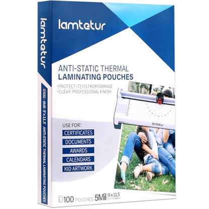 Lamtetur 5Mil 100P Anti-Static Thermal Laminating Pouch 9x11.5 Letter Size | Hold 8.5 x 11,Hot Laminate Films,Clear Lamination Laminator Papers for certificates, signs,artwork, bank card, ID card - style: Anti-static 5Mil-100Sheets