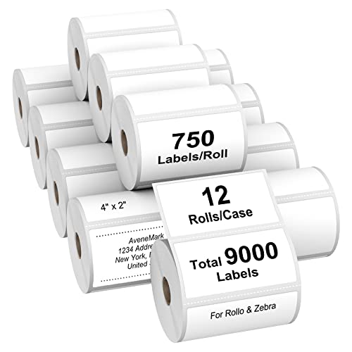 AveneMark 12 Rolls 4" x 2" Direct Thermal Labels for Barcodes Postage Address Shipping Labels Compatible with Rollo & Zebra Desktop Printers Adhesive - 750 Labels/Roll - size: 4"x 2"(12 Rolls-9000 Labels)