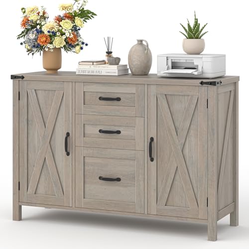 Vabches File Cabinet with 3 Drawers, Farmhouse Lateral File Cabinet Fits Files Letter/A4 Size, Wooden Filing Cabinet with Door and Adjustable Shelves Printer Stand for Home Office, Rustic Grey - color: Rustic Grey