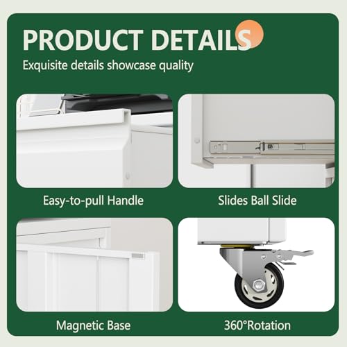 winiowa Mobile 3-Drawer File Cabinet with Wheel, Metal Lateral Rolling Printer Stand Filing Cabinets with Lock, Office Storage Cabinet for Office, Home, Garage, School, Gym-White - color: White