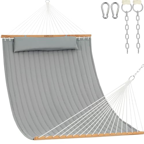 Lazy Daze Double Quilted Hammock with Pillow for Outside, Fit 13-15Ft Stand - color: Light Gray