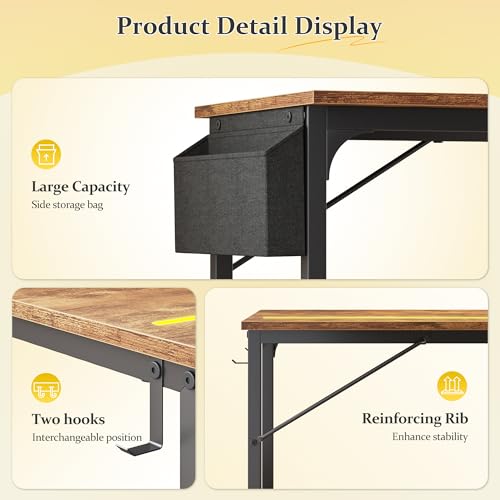 DurayLoly 32" Gaming Desk with Waterproof LED Lights for Bedroom,Brown - color: Rustic Brown, size: 32 IN