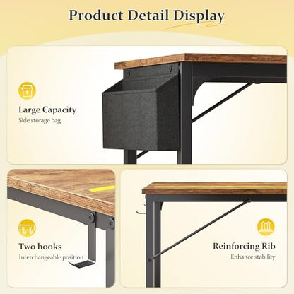 DurayLoly 32" Gaming Desk with Waterproof LED Lights for Bedroom,Brown - color: Rustic Brown, size: 32 IN