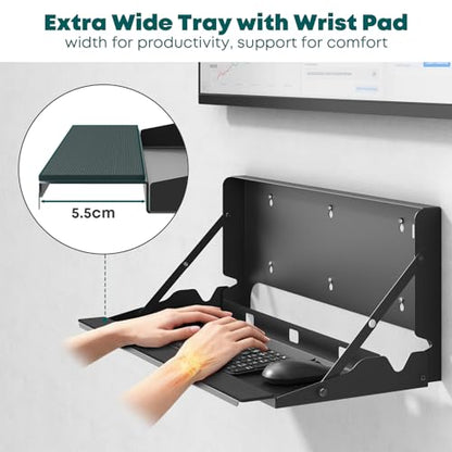 Flip Down Wall Mount Keyboard Tray, 24 Inch Keyboard Holder | Folding Design, Space-Saving, Extra Wide tray with Wrist Support, Mouse Pad and Wrist Pad Included, Holds Up to 22 lbs, Black