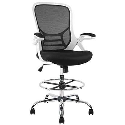 HYLONE Drafting Chair, Tall Office Chair Mesh Standing Desk Stool with Adjustable Foot Ring, Flip-Up Arms, White & Black - color: White
