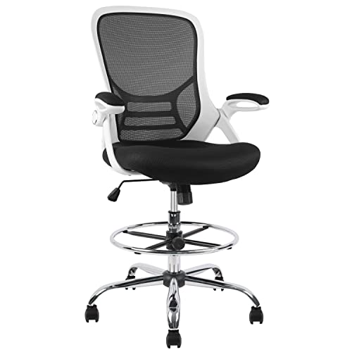 HYLONE Drafting Chair, Tall Office Chair Mesh Standing Desk Stool with Adjustable Foot Ring, Flip-Up Arms, White & Black - color: White