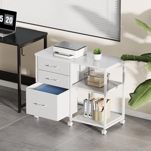 Maihail 3 Drawer File Cabinet with Wheels with Open Storage Shelf, White - color: White