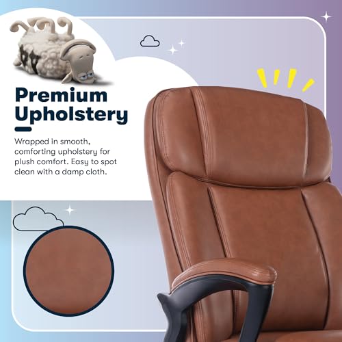 Serta Fairbanks Big & Tall Executive Office Chair, Ergonomic High-Back with Lumbar Support, Semi-Plush Seat Cushion and Body Pillows, Padded Armrests, Nylon Swivel Base, Bonded Leather, Cognac Brown - color: Cognac, size: 350 lbs