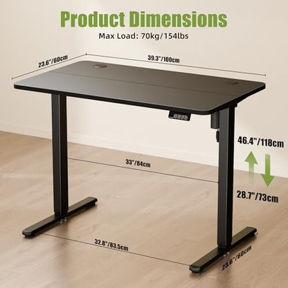40"x24" Standing Desk, Height Adjustable Sit-Stand Home Office, Black | Electric Adjustable Standing Desk, Sit to Stand Computer Office Desk with Splice Board, Memory Preset, Lifts 28.7''-46.5" - color: Black Frame-black, size: 40-inch
