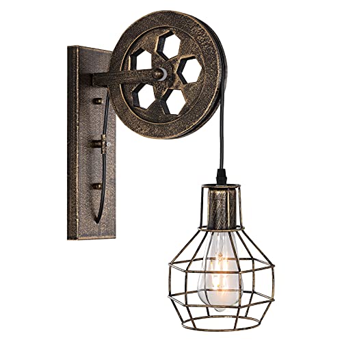 1 Light Fixture Industrial Mid Century Retro Iron Wall Lights Lift Pulley Wall Lamp Features The Matte Iron Cage Lamp Shade for Indoor Lighting Barn Restaurant(Bronze Color) - color: Bronze