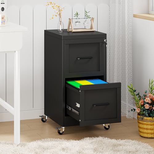 pozdeg 2 Drawer Mobile Vertical Metal File Cabinet with Lock, Black | Narrow Vertical Steel Storage Organizer, Fits Letter/A4/Legal Documents, Secure Lock Design for Office & Home Storage ﻿ - color: Black, size: 17.72"D x 14.96"W x 31.5"H