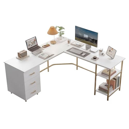 Techni Mobili 59" Two-Tone L‑Shaped Office Desk with Storage Shelves, Gold - color: Gold