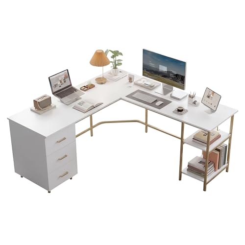 Techni Mobili 59" Two-Tone L‑Shaped Office Desk with Storage Shelves, Gold - color: Gold